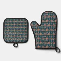 Bold Caribbean Tribal Mudcloth: Teal, Coral Throw Oven Mitt & Pot Holder Set