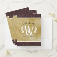 Elegant Leather Leaf & Vintage Paper Surname Motto Pocket Folder