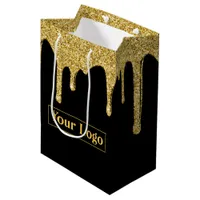 Elegant Gold Sparkle Glitter Drips Business Logo Medium Gift Bag