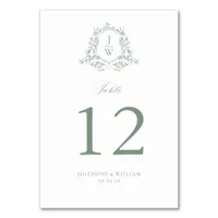 Sage Green Monogram Floral Crest Elegant Wedding Table Number