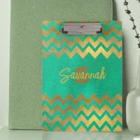 Modern Stylish Chic Green And Gold Chevron Clipboard