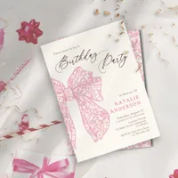 Girly Script Pink Floral Lace Bow Birthday Party Invitation