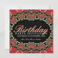 Exotic Red Gold Black Lace Birthday Party Invites