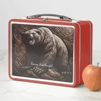 Thunderous Grizzly Roar in Leather Relief Metal Lunch Box