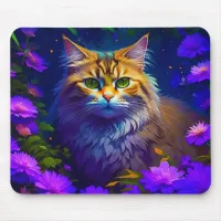 Cute Orange Kitty Cat in Flowers Mouse Pad