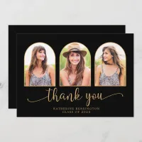 Modern Arch Black Gold 3 Photo Graduation Thank You Card