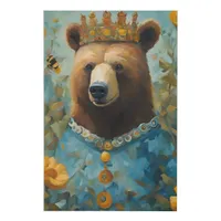 Adorable Bear in a Crown With Flowers and Bees Faux Canvas Print