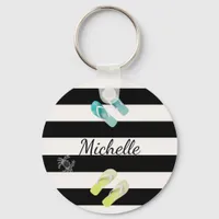 Black white stripes beach summer name keychain