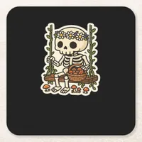 Cottagecore Skeleton With Flower Crown Square Paper Coaster