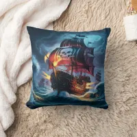 Pirate Ship Navigating Stormy Seas at Night Throw Pillow