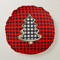 Buffalo Plaid, Red Gingham Christmas Trees   Round Pillow