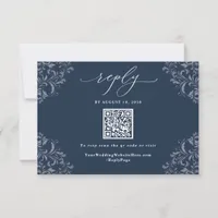 Elegant Navy Blue  QR Code Vintage Wedding RSVP Ca