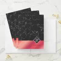 Elegant Black Marble & Rosé Red Foil Monogram Pocket Folder