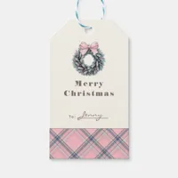Elegant Pink Coquette Xmas Wreath Preppy Plaid Gift Tags