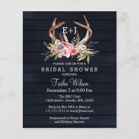 Budget Floral Navy Antler Bridal Shower Invitation