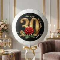 Elegant Red Rose Gold Glitter Black 30th Birthday Balloon