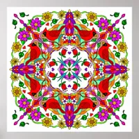Pretty Colorful Cardinals and Flowers Mandala  Poster