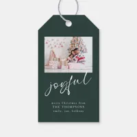 Modern Photo Joyful Script Green Christmas  Gift Tags