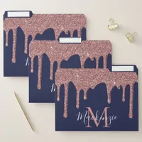 Navy Blue Rose Gold Sparkle Glitter Drips Monogram File Folder