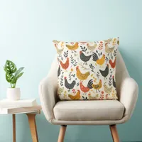 Roosters and Chickens Simple Illustration Print Throw Pillow