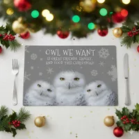 Funny Owl We Want for Christmas ... Snowy Owls Placemat