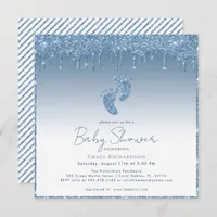 Blue Glitter Baby Shower Invitation with Baby Feet
