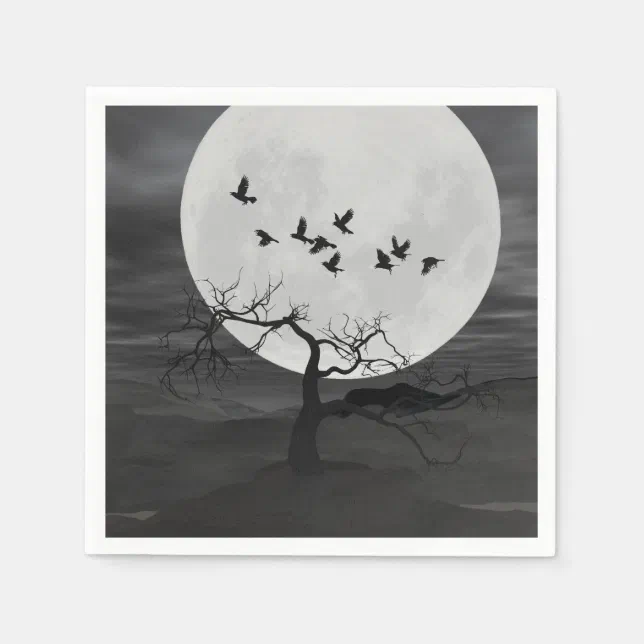 Spooky Ravens Flying Against the Full Moon