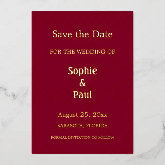 Burgundy Save the Date Foil Invitation