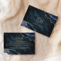 Navy Blue Gold Agate Marble Wedding Details Enclosure Card