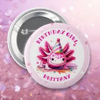 Pink Axolotl Girl's Birthday Party Button