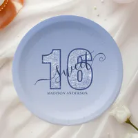 Navy Blue Glitter Script Sweet 16 Paper Plates