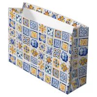 Blue White Yellow Tiles Pattern Summer Aesthetic  Large Gift Bag