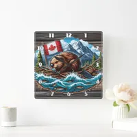 Beaver on Raft With Flag in River Square Wall Clock