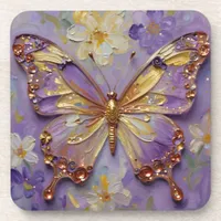 Beautiful Purple Butterfly and Flowers Beverage Coaster