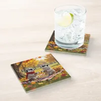 Cute Meerkats in Autumn Attire at a Picnic Glass Coaster