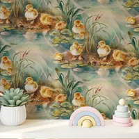 Baby Ducklings by the Pond Nursery Wallpaper