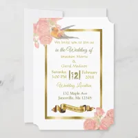 Pink and Gold Flowers and Bird Wedding Invitations