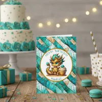 A Teal and Gold Dragon Personalized Boy's Birthday Card