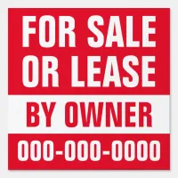 12" x 12" Red For Sale or Lease Yard Sign