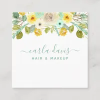 Mint Green and Yellow Floral Elegant Makeup Artist Square Business Card