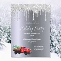 Holiday xmas party silver glitter truck invitation postcard