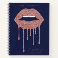 Navy Blue Rose Gold Dripping Glitter Lips Makeup Notebook