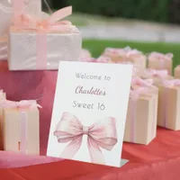 Pink bow elegant Sweet 16 welcome Pedestal Sign