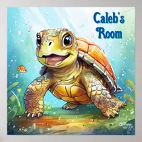 Cute Sea Turtle in the Ocean Cartoon Personalized Poster