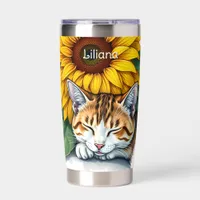 Sweet Sleepy Kitty Cat and Sunflowers Personalized Insulated Tumbler