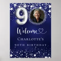 90th Birthday blue silver stars photo welcome Poster
