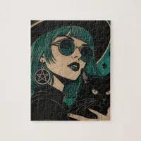A witch with her black cat Woodblock print Jigsaw Puzzle