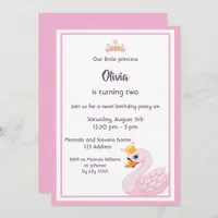 Girly swan 2nd birthday party invitation card