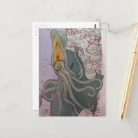Retro Squid and a Map Section Collage Postcard
