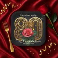 Classy Red Rose and Gold Filigree 80th Birthday Paper Plates
